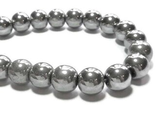 Silver Hematite 10mm Round Bead - Non Magnetic - Whole Strand - 44 beads - Mirror - Metallic Silver Plated