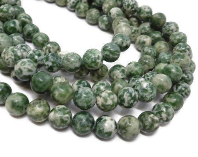 Green Tree Agate 8mm Round Bead - Whole Strand - 47 beads - Green Spot Jasper - Natural Spotted Stone - Green and White Spots