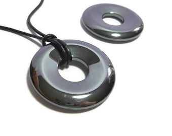 Black Hematite Donut - 45mm by 6.5mm with 16mm hole - Non Magnetic - open circle ring metallic pi stone gray pendant focal bead