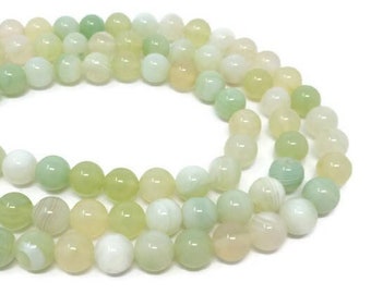 Lemon Lime Agate 8mm Round Bead - Banded or Striped - 45 or 23 beads - Whole or Half Strand - Green Yellow Cream Colorful Stone