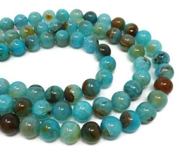 Blue and Brown Cracked Agate 10mm Round Bead - Sky Blue Fire Crab - Crackle - 38 beads - Whole Strand - Aqua Dragon Vein