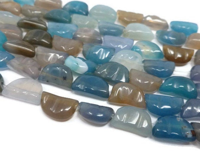 Blue and Taupe Agate Carved Half Moon Bead - Half Strand - 18 beads - 12mm by 7mm - blue gray brown mix - half circle - pot sticker shape