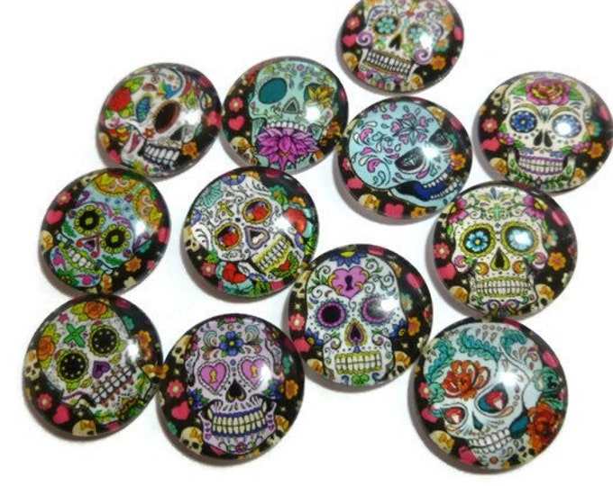 Sugar Skull Glass Cabochon Twelve Piece Set - Mixed Pattern - 16mm by 5mm - 12 Design Set - Dia de los Muertos - for jewelry or magnets