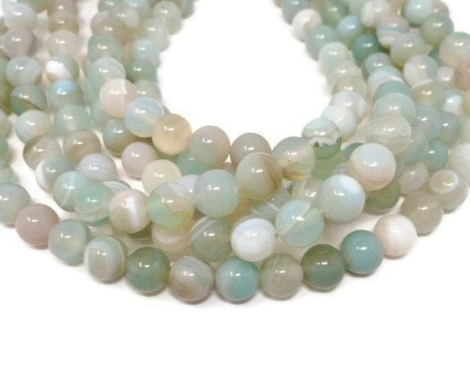 Sage Green Banded Agate 8mm Round Bead - 46 beads - Whole Strand - shades of green brown white green blue taupe pale turquoise striped stone