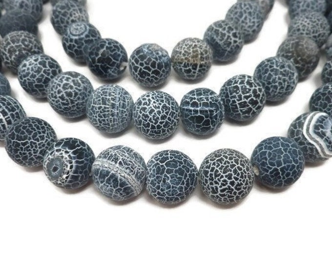 Black and White Effloresce Agate 14mm Round bead - Frosted - 27 Beads - Whole Strand - matte cracked stone crackle - fire agate