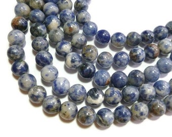 Blue Sodalite 8mm Round Bead - Whole Strand - 47 beads - Blue Spot Jasper - Navy Spotted Stone - Dark Blue - blue and white stone