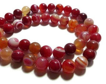 Red Banded Agate 10mm Round Bead - 37 beads - Full Strand - Striped Red White Orange and Pink Stone - Multicolor - Colorful