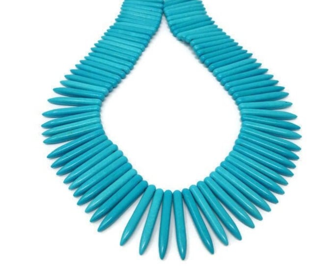 Blue Spike Tusk Dagger Stick Bead - 34mm by 4.5mm - Whole Strand - 84 beads - synthetic turquoise - long point