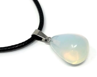 Opalite Teardrop Necklace Pendant - Opal Glass Rounded Drop - Silver Bail - 20mm by 13mm - large iridescent glowing