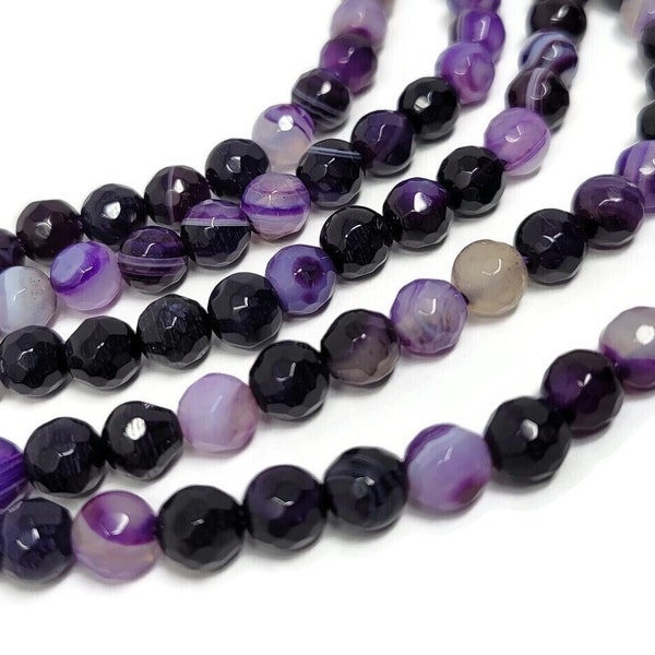 Purple Madagascar Agate Faceted 6mm Round Bead - Striped - 61 beads - Whole Strand - banded grape black and white stone - violet