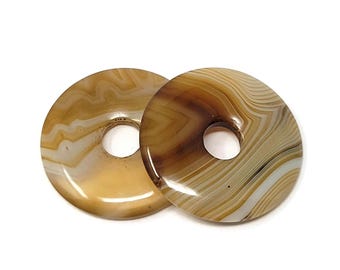 Two Brown and White Banded Agate Donut Focal Beads - 30x4mm with a 7mm Hole - 2 pieces - striped pi stone set