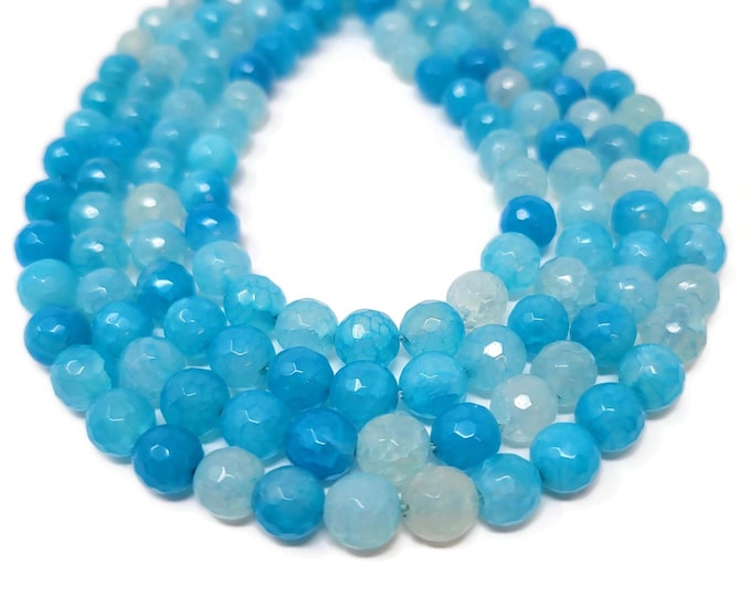 Blue Faceted Cracked Agate 8mm Faceted Round Bead - whole strand - 46 beads - crackle aqua blue fire crab dragon vein agate - shades of blue