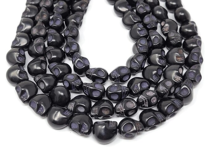 Black Howlite Skull Bead - 13mm by 12mm by 11mm - 29 beads - Skulls - Whole Strand - Synthetic Turquoise - Halloween Dia de los Muertos