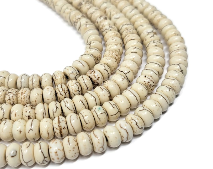 Bone White Howlite Rondelle Bead - Abacus - 8mm by 5mm - 80 beads - Whole Strand - beige cream ivory synthetic turquoise saucer spacer