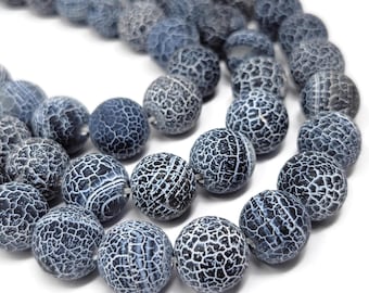 Black and White Frosted Effloresce Agate 14mm Round bead - 26 Beads - whole strand - matte cracked fire agate