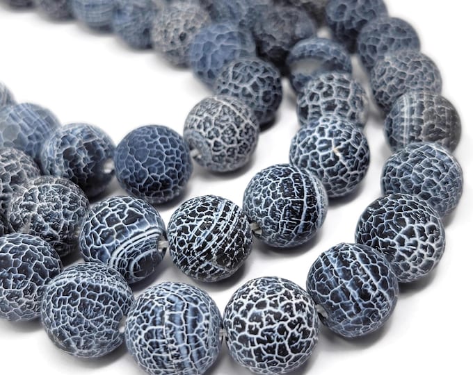 Black and White Frosted Effloresce Agate 14mm Round bead - 26 Beads - whole strand - matte cracked stone fire agate