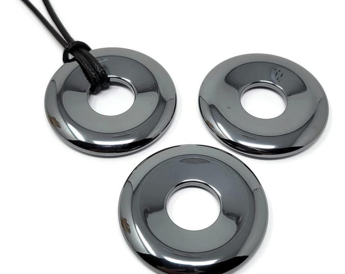 Black Hematite Donut - 45mm by 6.5mm with 16mm hole - non-magnetic - open circle ring metallic pi stone gray pendant focal bead