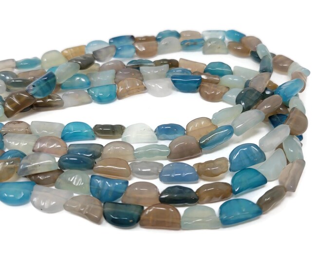 Blue and Taupe Carved Half Moon Bead - 34 beads - 12x7mm - whole strand