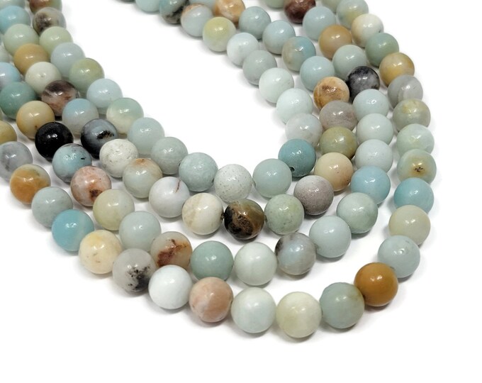 Flower Amazonite 8mm Round Bead - 46 beads - Whole Strand - Aqua Blue Multicolor Ocean Mixed Color Stone