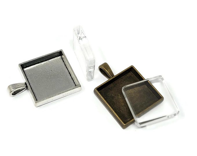 Square Glass Tile and Pendant Set - Flat Glass & Bezel Set - 20mm Tray - Silver or Antique Bronze - photo jewelry keychain or necklace