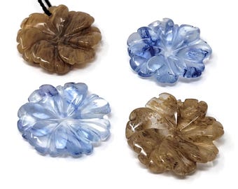 Carved Flower Glass Pendants - Blue or Brown Top Drilled Transparent Flower - 25mm by 6mm with 1.5mm hole