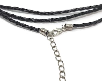 Black Braided Cord Necklace - 17" to 19" adjustable 3mm cord necklaces with silver findings