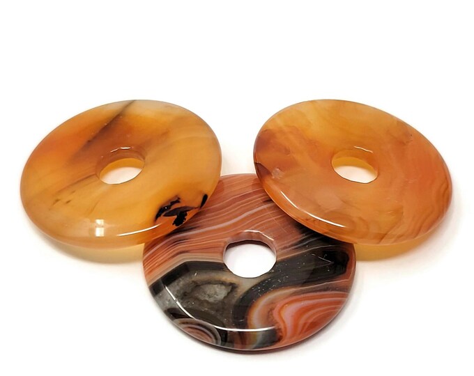 Three Red Banded Agate 35mm Donut Focal Beads - 35mm by 6mm with 8mm Hole - 3 pieces red white black striped pi stone pendant set