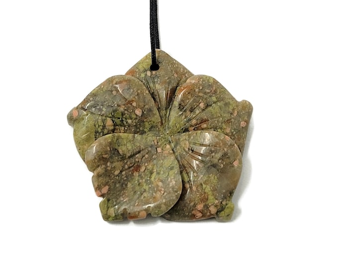 Autumn Jasper Large Carved Green Stone Flower Pendant - Top Drilled - green red pink stone - 40mm by 41mm by 7.5mm - natural