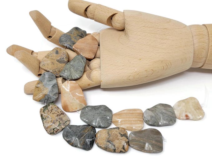 Natural Stone Seven Focal Bead Set - semi-precious gemstone lot of carved wavy trapezoid pendant beads - 30x24x7mm