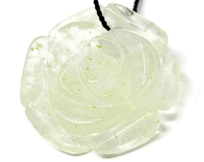 Lime Carved Rose Glass Pendant: 35mm Flower Bead, Top Drilled