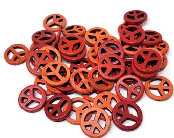 Fifty Large Red and Orange Peace Signs Beads - 25x4mm - drilled lengthwise - 1 inch mixed synthetic turquoise bead lot - 50 pieces