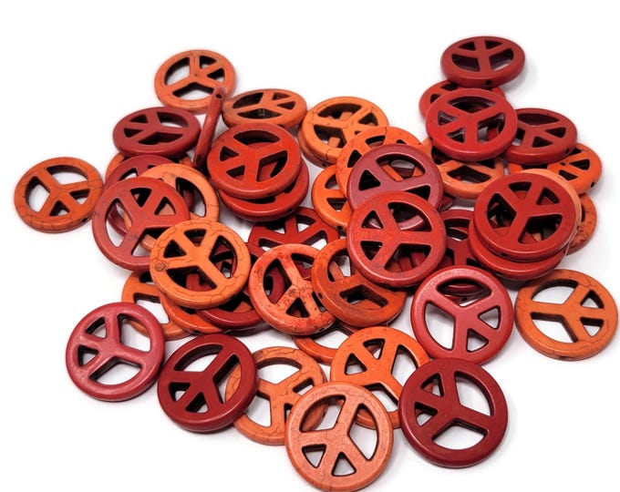 Fifty Large Red and Orange Peace Signs Beads - 25mm by 4mm - drilled lengthwise - 1 inch mixed synthetic turquoise bead lot - 50 pieces