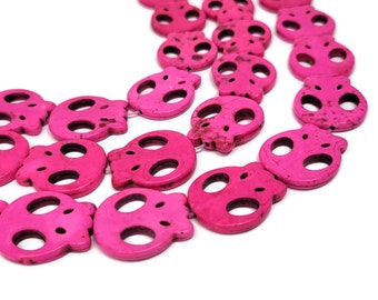 Hot Pink Howlite Extra Large Flat Skull Bead - 1 inch pink skulls - 28mm by 25mm by 4mm - 14 beads - whole strand - neon synthetic turquoise