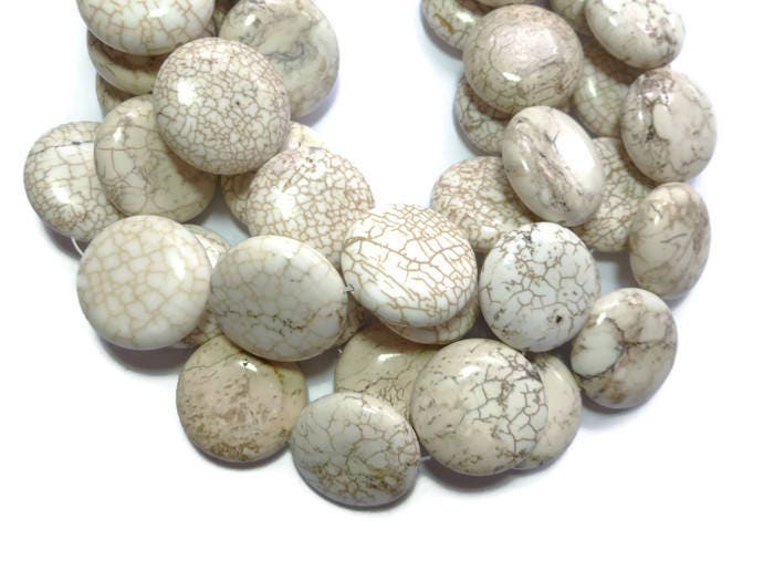 Bone Magnesite Bone White Magnesite - Large Puffed Coin - 25mm x 10mm - 8 beads - Half ...
