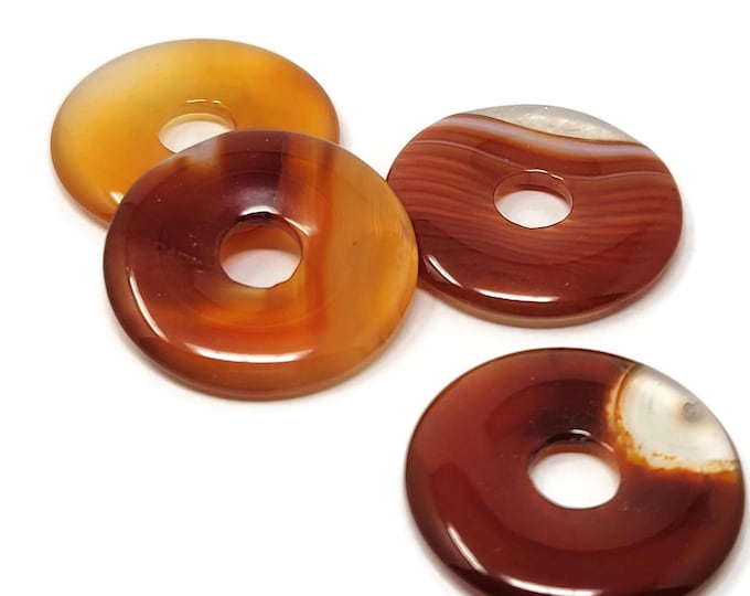 Four Red Banded Agate Donut Focal Beads - 25mm by 3.5mm with 6mm Hole - 4 pieces of red striped translucent pi stones