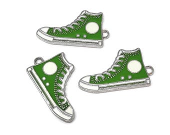 Green Hi Top Basketball Shoe Charm - Two-Sided Silver Enameled Athletic Shoes - Sneaker Pendant - 30x17x2mm - 1 2 3 5 10 25 45 pcs