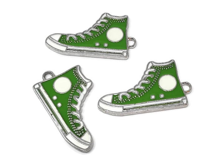 Green Hi Top Basketball Shoe Charm - Two-Sided Silver Enameled Athletic Shoes - Sneaker Pendant - 30x17x2mm - 1 2 3 5 10 25 45 pcs
