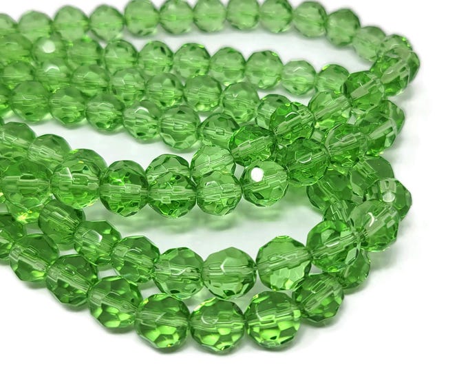 Spring Green Faceted Glass 10mm Round Bead - whole strand - 36 beads - bright green translucent glass