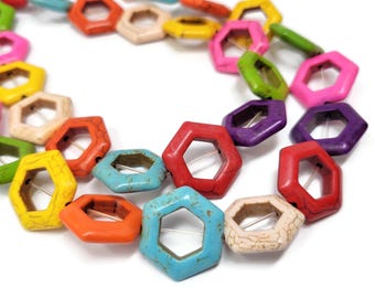 Rainbow Hexagon Donut Bead - 22x20mm - 20 beads - whole strand mixed color synthetic turquoise cut-out beads