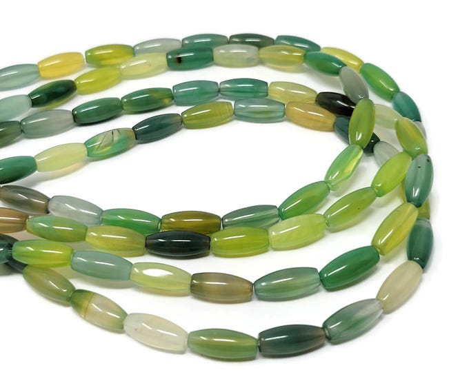 Green and Yellow Agate Rice Bead - 31 beads - 12mm by 5mm - Whole Strand - yellow lime teal translucent oval stone mix