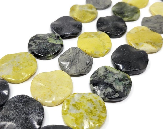 Carved Gemstone Focal Beads: Black & Green Stone Set, 30mm Coin Beads