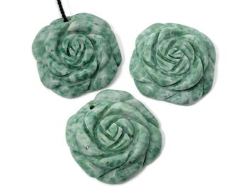 Green Tree Agate Carved Stone Rose Flower Pendant - Top Drilled - green and white stone - 30mm by 30mm by 7mm