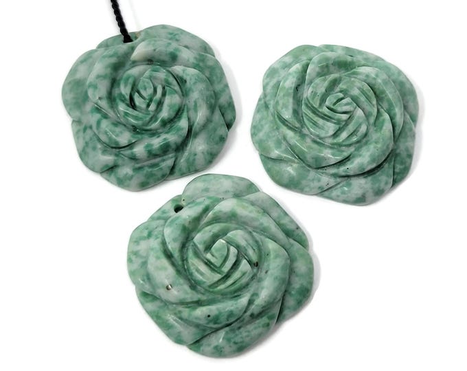 Green Tree Agate Carved Stone Rose Flower Pendant - Top Drilled - green and white stone - 30mm by 30mm by 7mm