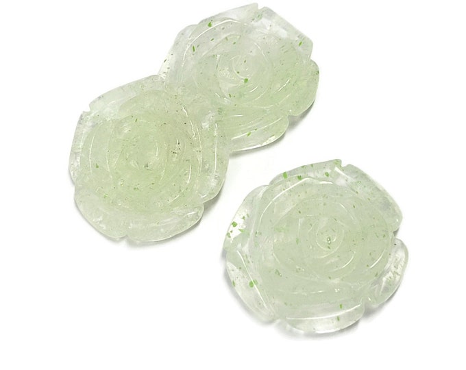 Glass Rose Pendant Large Carved Pendant - Top Drilled - 40mm by 10mm - Over 1.5" - clear glass with green flower - pale lime glass rose