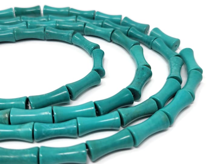 Teal Turquoise Bamboo Bead - 15mm by 7mm - 27 beads - Full Strand - synthetic turquoise hourglass or dog bone beads