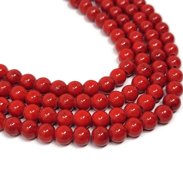 Cherry Red Mountain Jade 6mm Round Bead - 65 beads - Crimson Mashan Jade - Scarlet - candy apple red dyed marble - whole strand