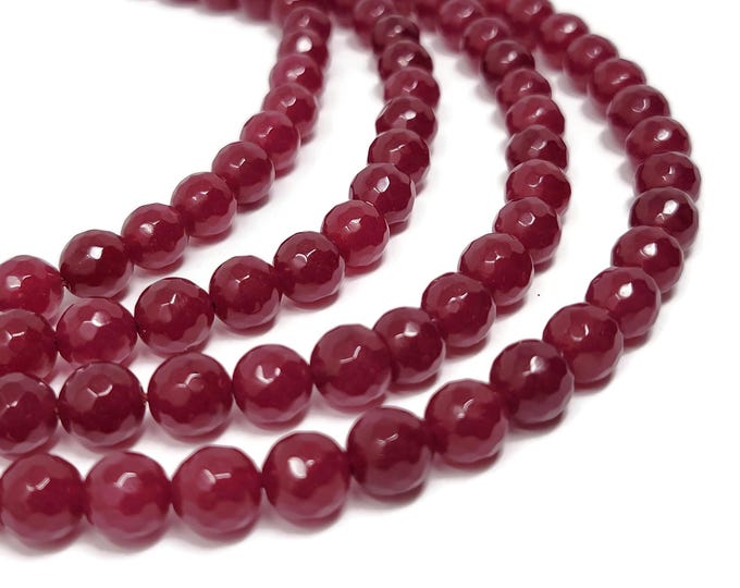 Claret Jade 8mm Faceted Round Bead - 45 beads - Whole Strand - translucent cerise - red violet - magenta - deep pink - fuchsia stone