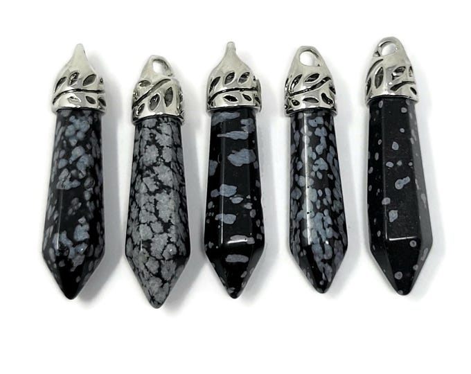 Snowflake Obsidian Point Pendants: Silver Cap Setting, Black & White Stone - 5 Piece Set