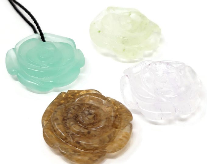 Carved Glass Rose Pendant: Pale Purple, Light Green,  Aqua or Brown Flower (25mm)