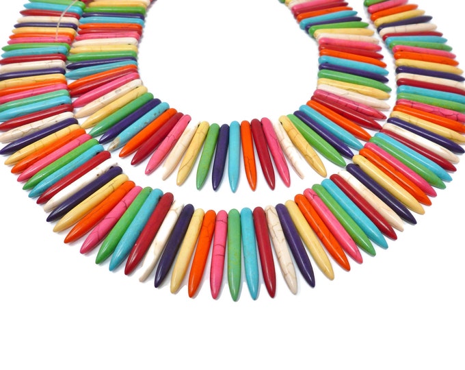 Rainbow Spike Collar Bead - 34mm by 5mm - Whole Strand - Mixed Color Synthetic Turquoise Stick Bead Tusk Dagger - 88 beads - colorful mix